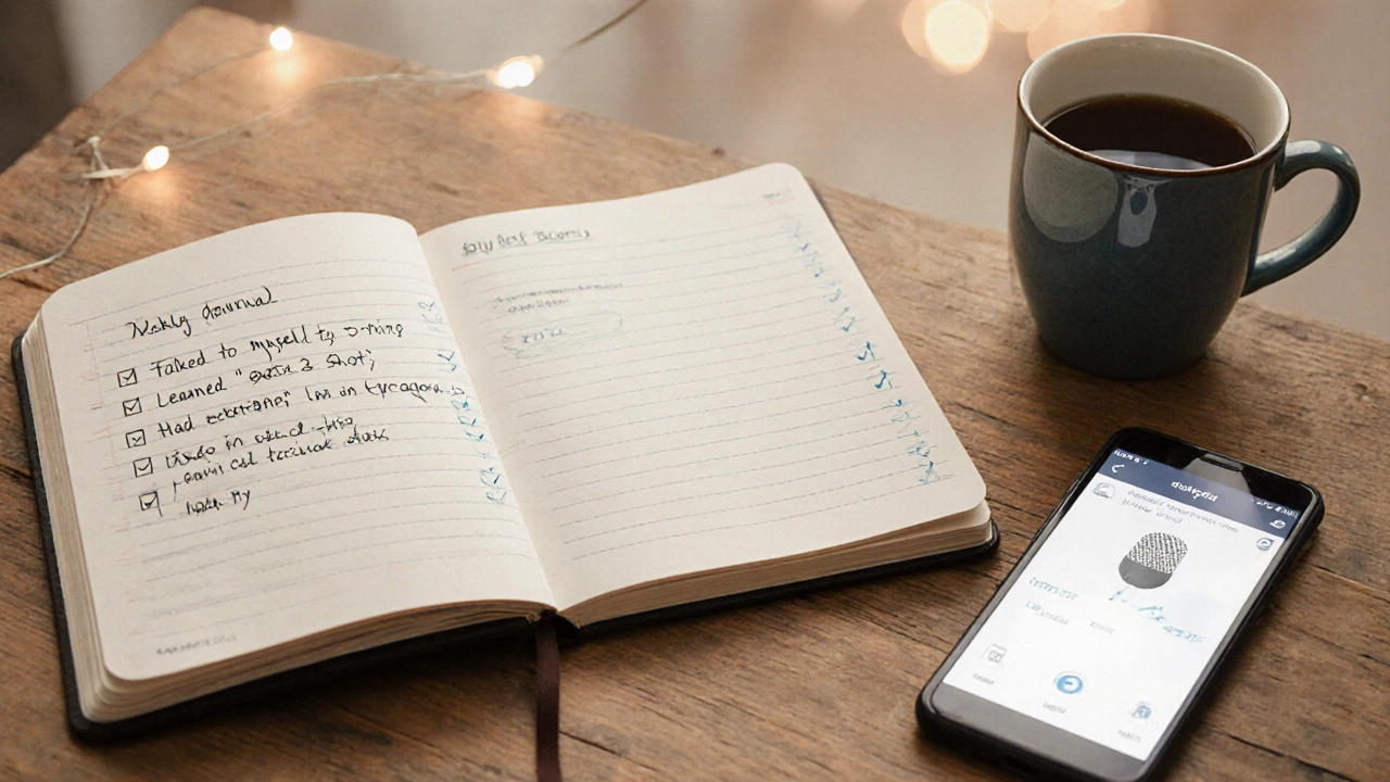 Weekly journal showing progress in English speaking with coffee and phone nearby.