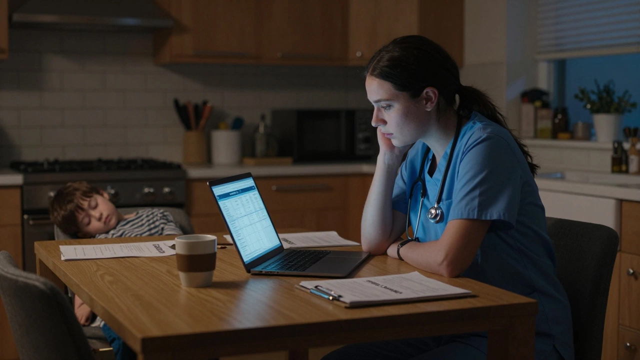 A nurse studying online MBA late at night at her kitchen table with a sleeping child nearby.