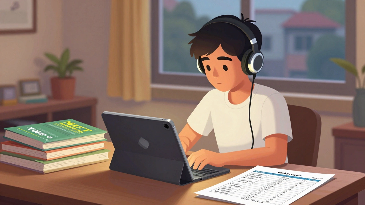 A student studying NEET material on a tablet at home with revision books and a progress chart nearby.