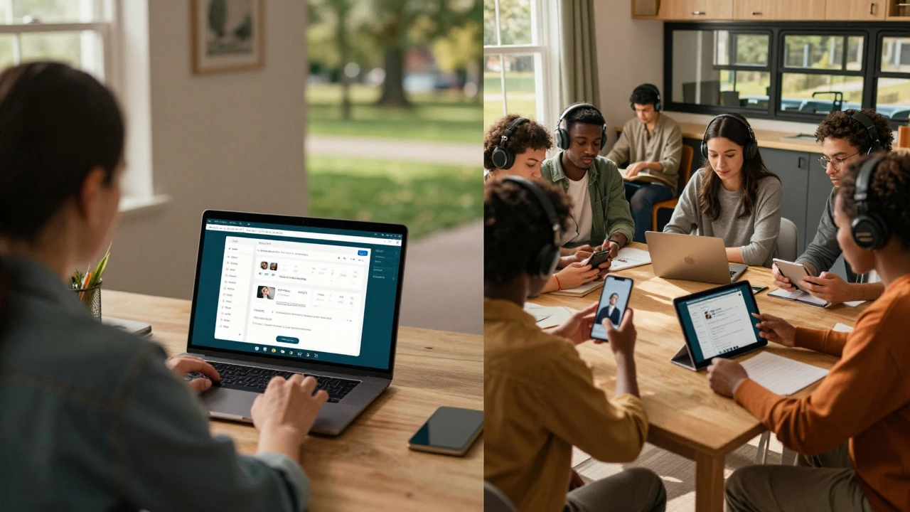 A teacher uploading content while learners access the course from different locations around the world.