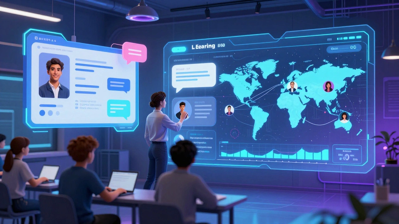 A virtual classroom with floating learning modules and AI avatars guiding global learners.
