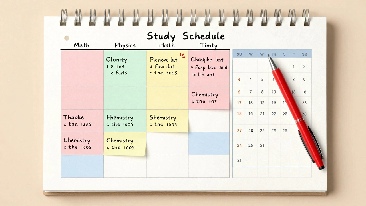 Color-coded weekly study schedule with mock test notes on wall