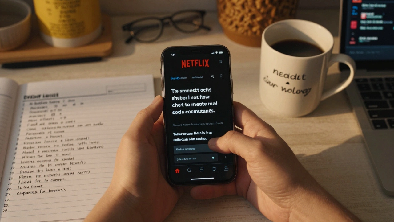 Everyday objects showing English integrated into daily routines: phone, grocery list, and online articles.