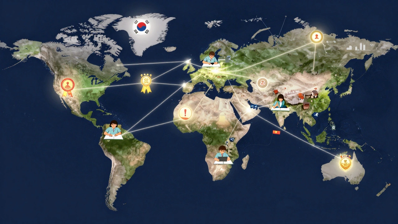 Global network of students connected by light, solving math problems together online.