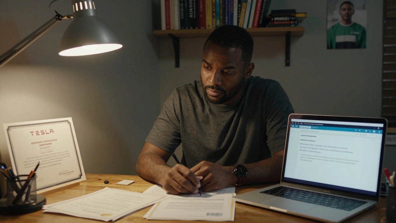 Man in home office reviewing certifications and filling out a Tesla job application with a handwritten note of rehabilitation.