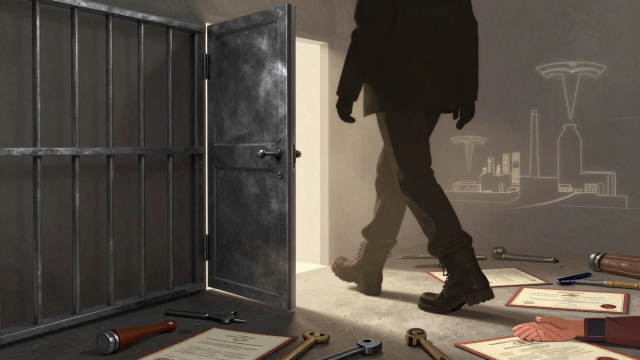 Metal door opening to reveal light, tools, and diplomas symbolizing second chances after incarceration.