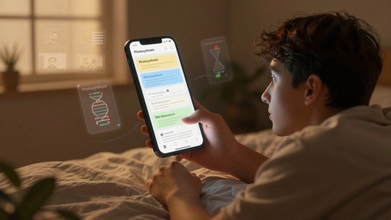 NeetPrep flashcards glowing on phone screen at night with biology concepts floating in air.