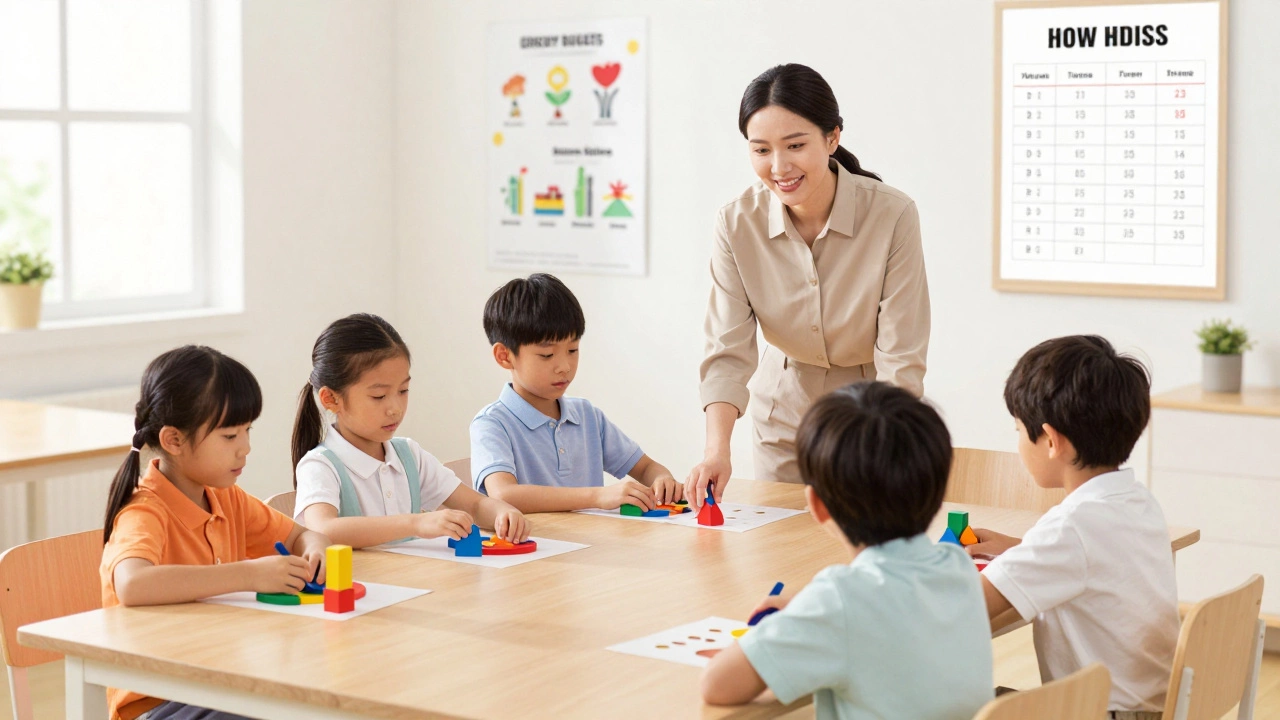 Singaporean children learning fractions with colorful blocks in a bright classroom.
