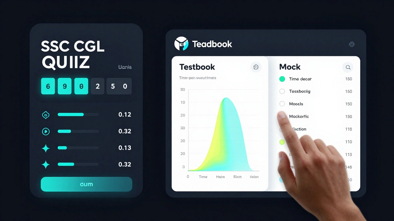 Split-screen of Gradeup and Testbook apps showing timed quizzes and mock test analytics.