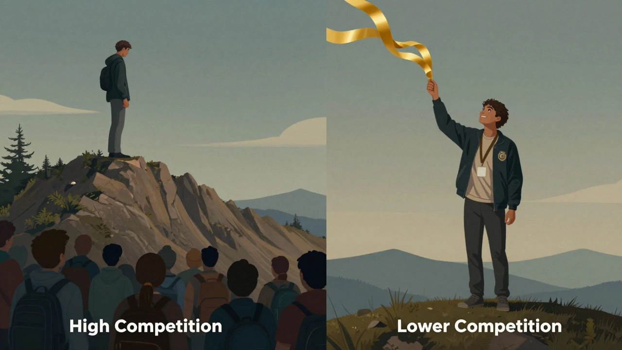 Student in California and Wyoming compared with Selection Index scores, mountain and hill metaphors, scholarship ribbon above