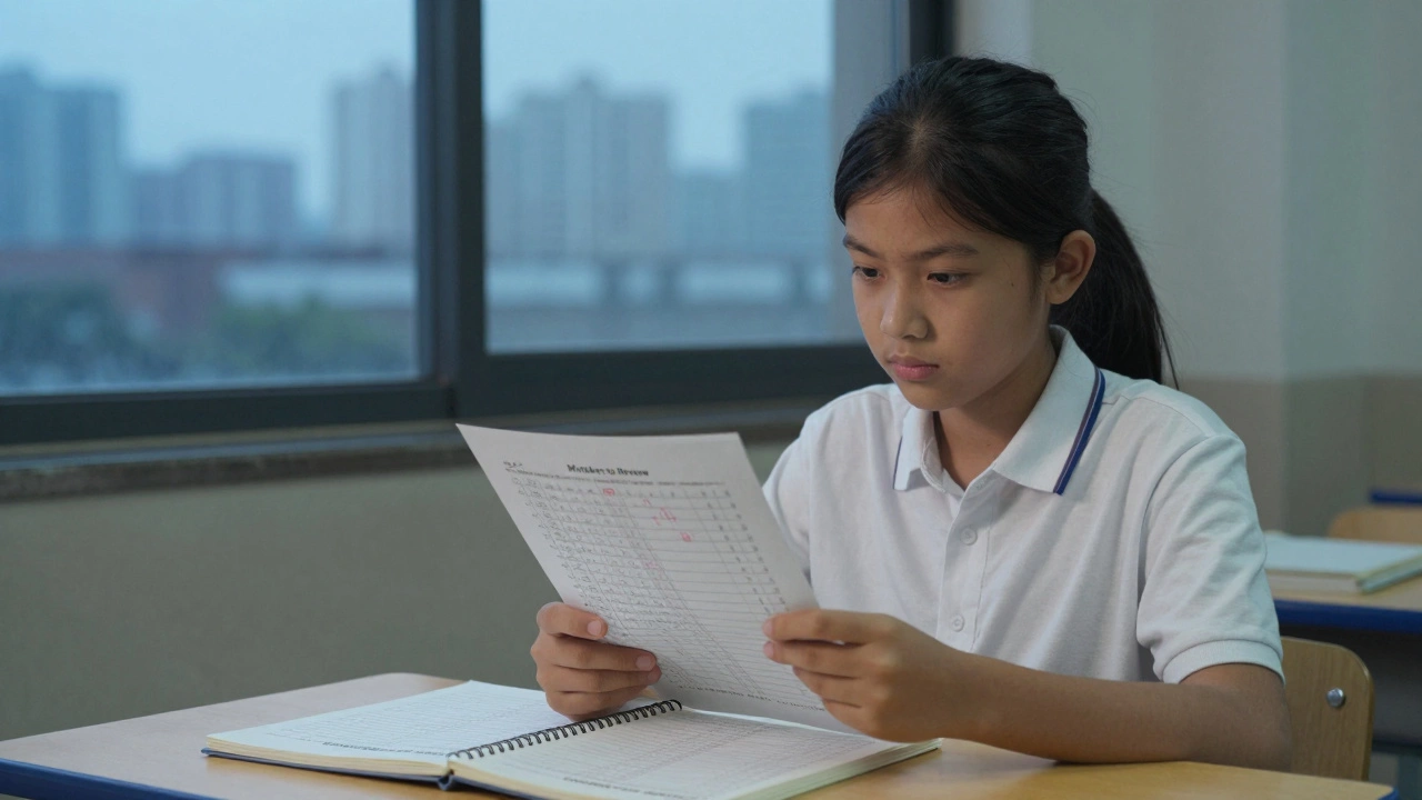 Student reviewing mock test errors in quiet evening light