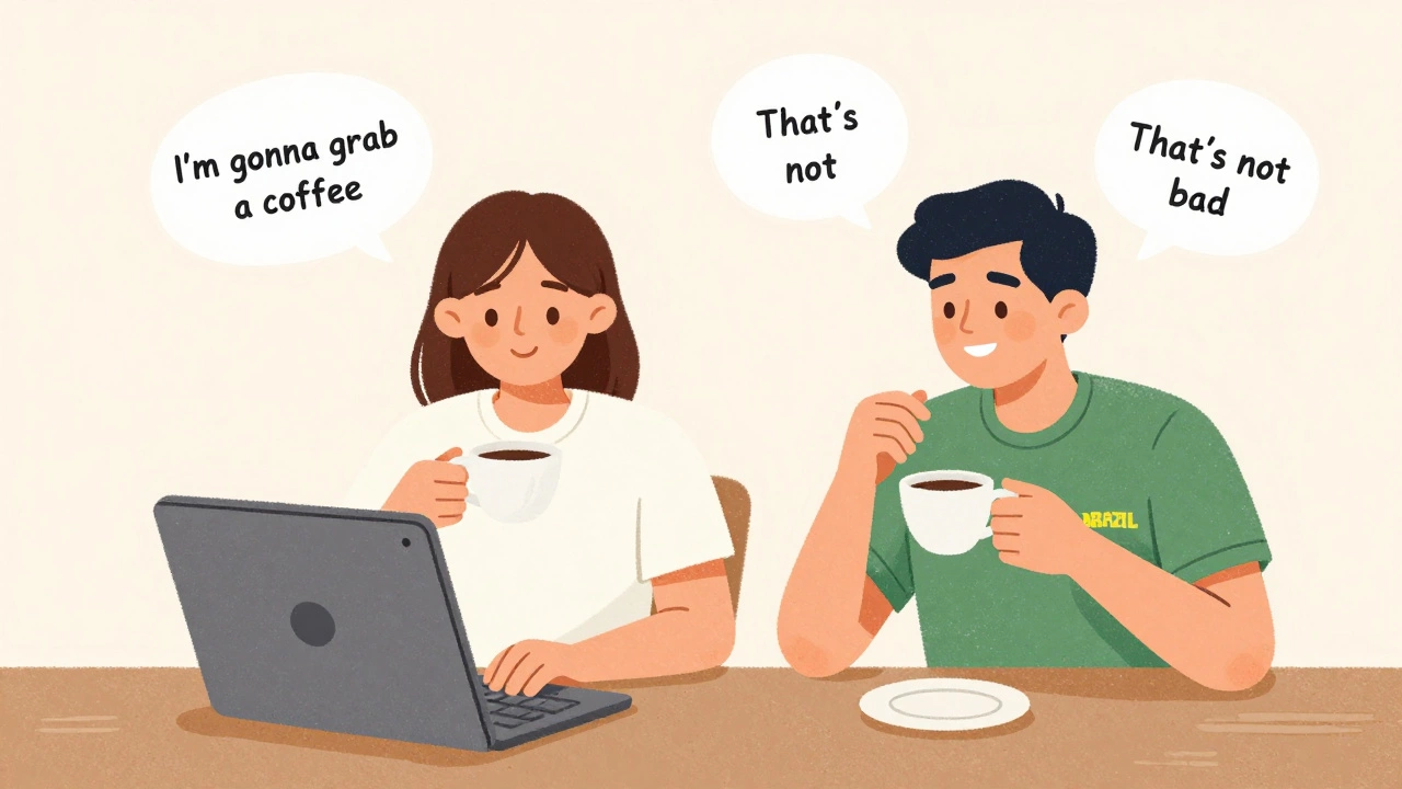 Two people video chatting across continents, laughing while practicing English and Portuguese.