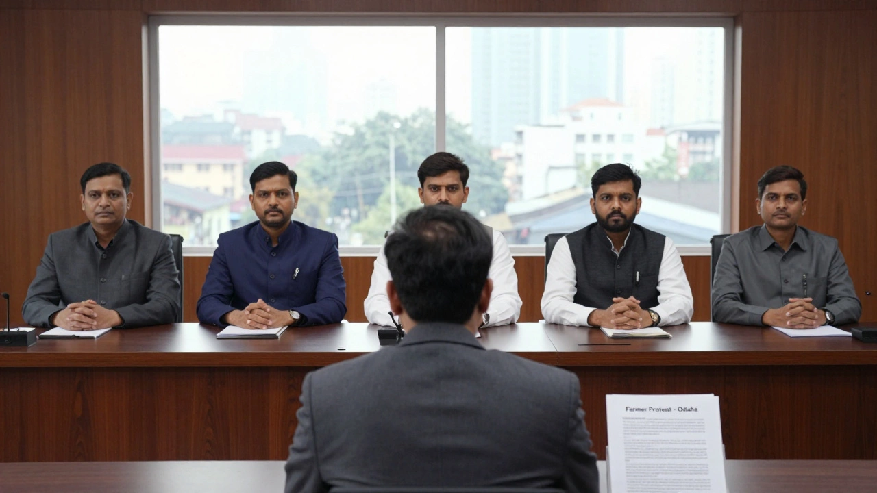 A candidate in a formal interview facing a panel, with a file about rural protest on the table.