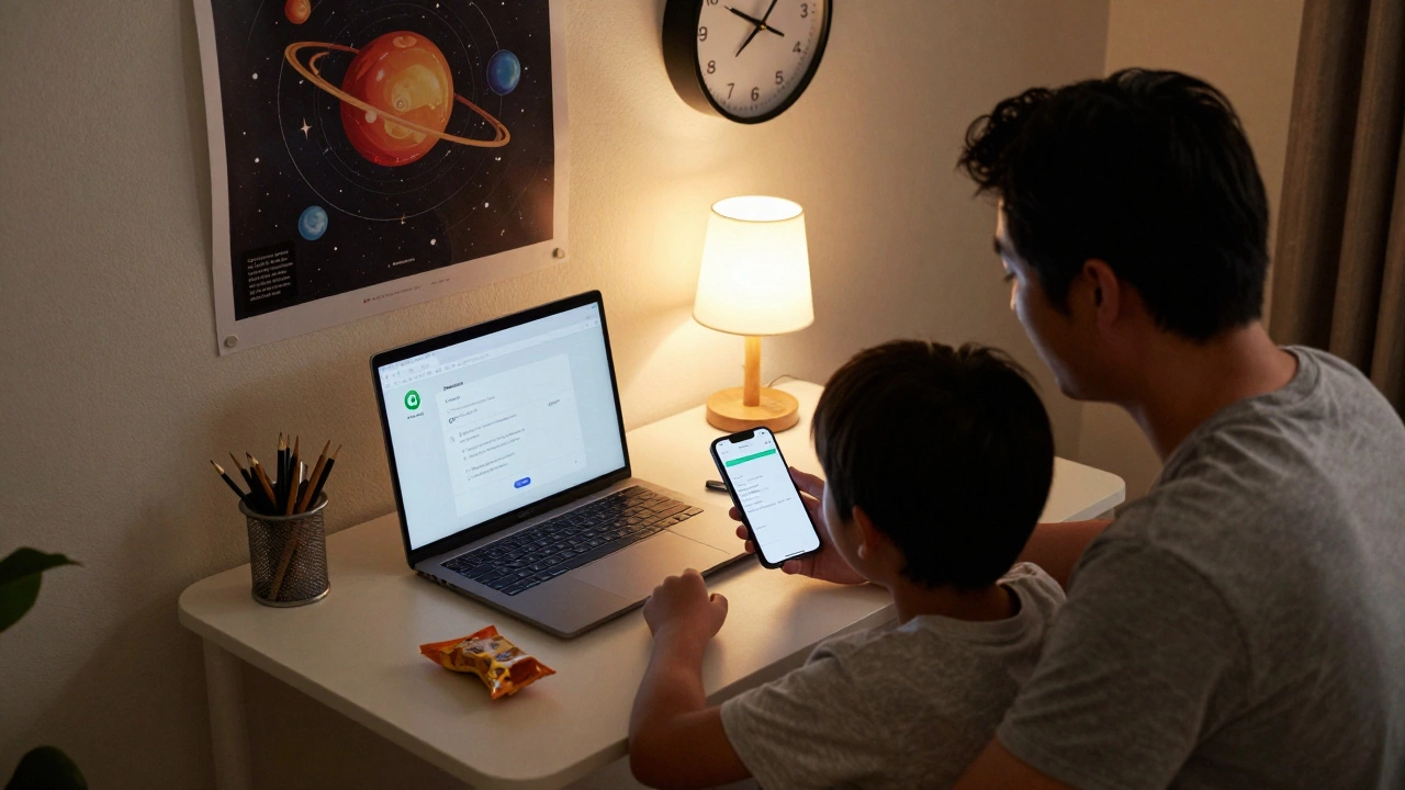 A child and parent learn together at home, with Zoom and Google Classroom open on devices.