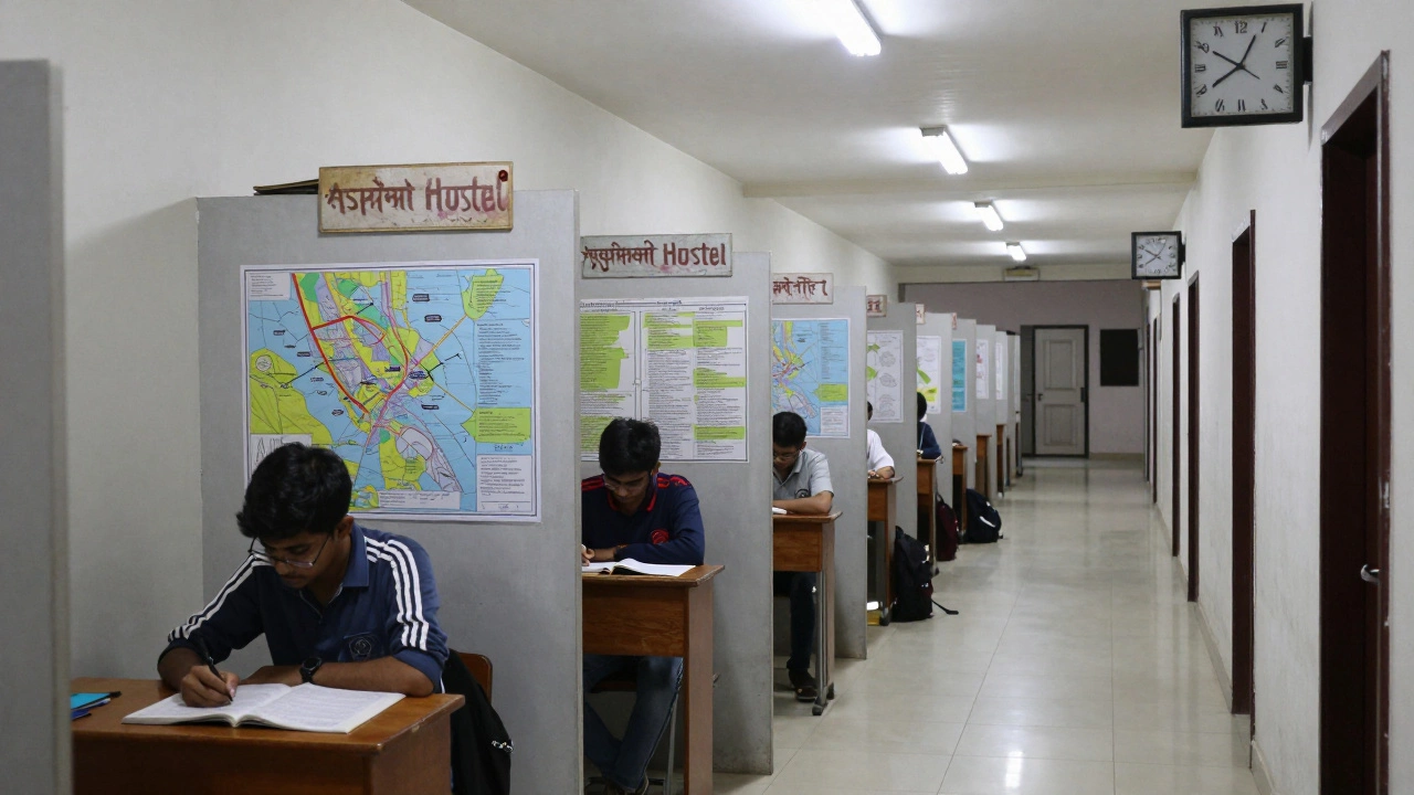 A hallway of small dorm rooms where many aspirants study together under dim lights.