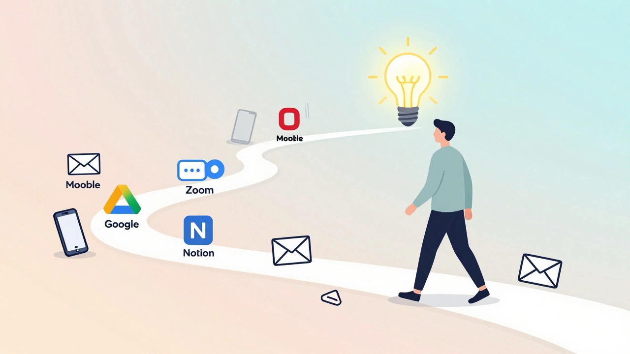 A path of digital tools leading to a lightbulb finish line, symbolizing successful eLearning.