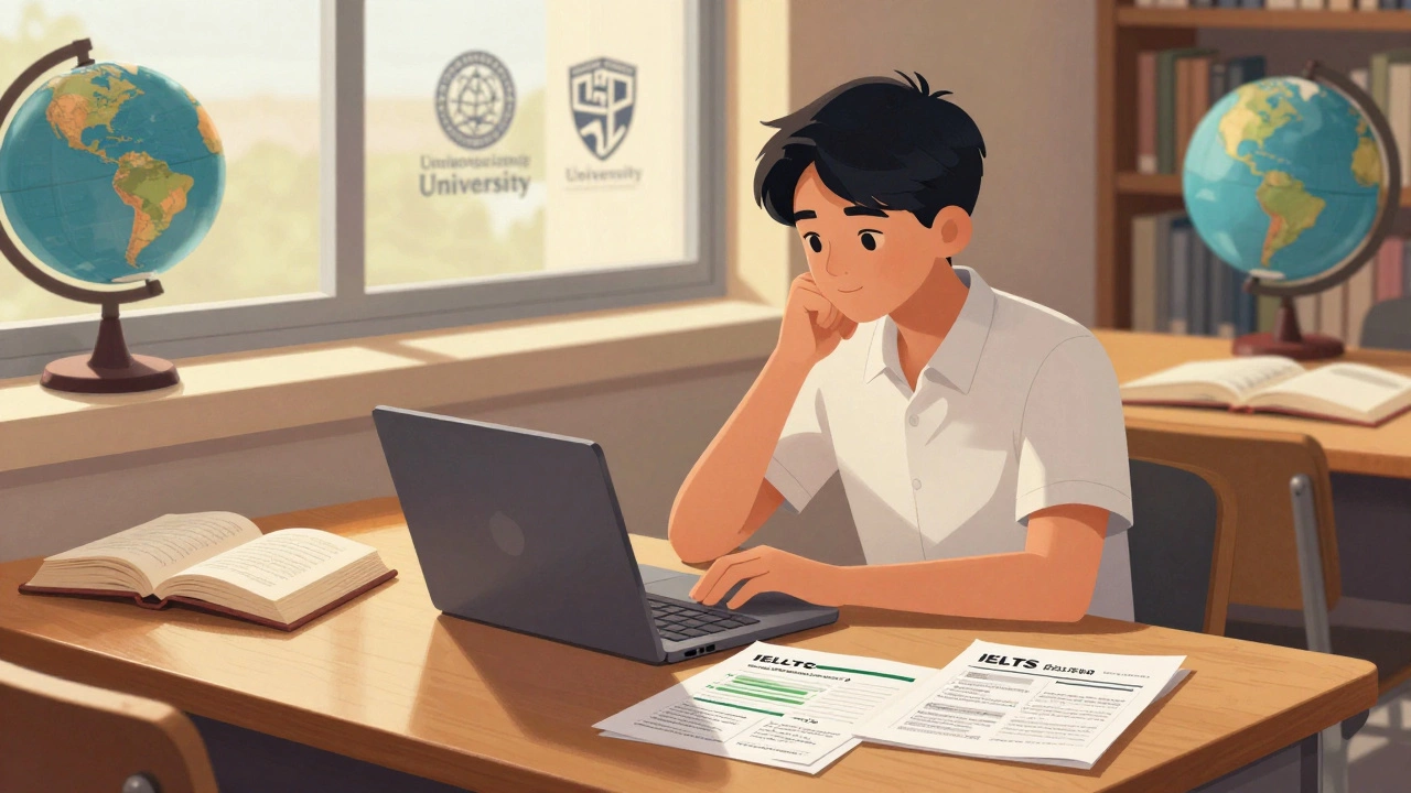 A student researching climate change and reading Shakespeare in a quiet library.