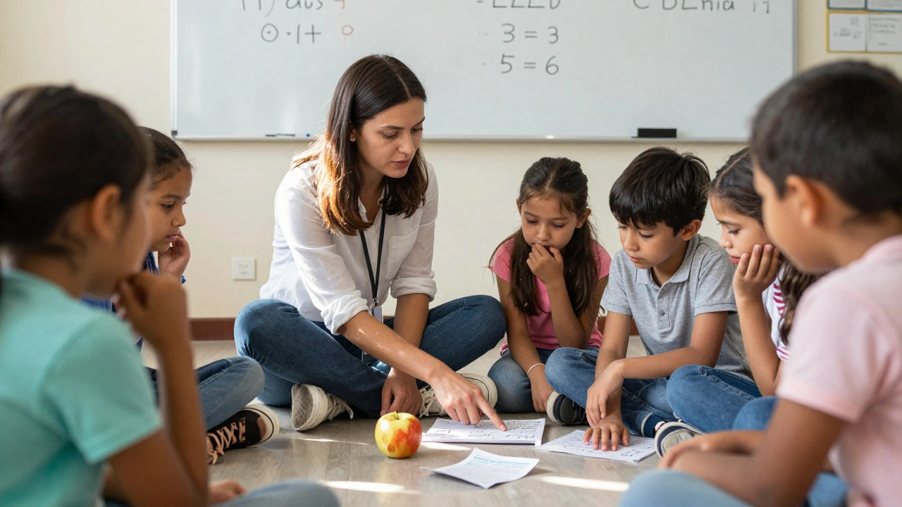 A teacher trainee sits on the floor with young students, guiding them through reading, one child pointing to a word.