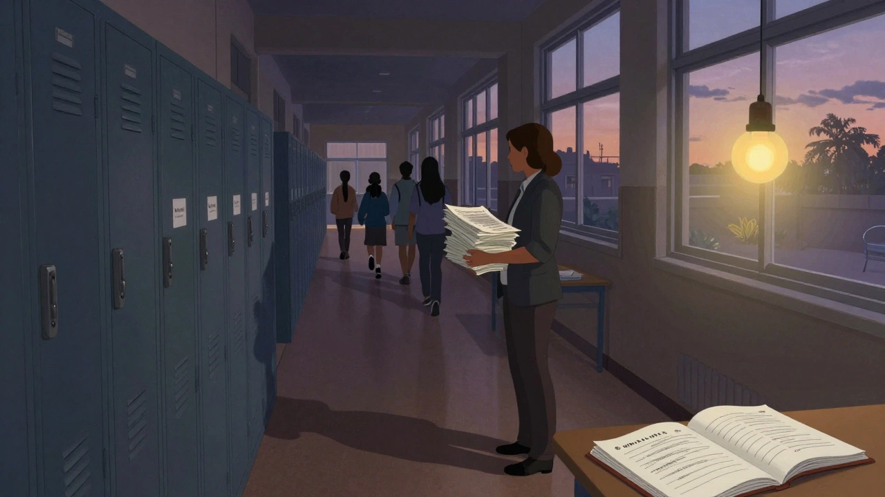 A teacher trainee stands alone in a school corridor at dusk, holding marked papers, shadow long against lockers.