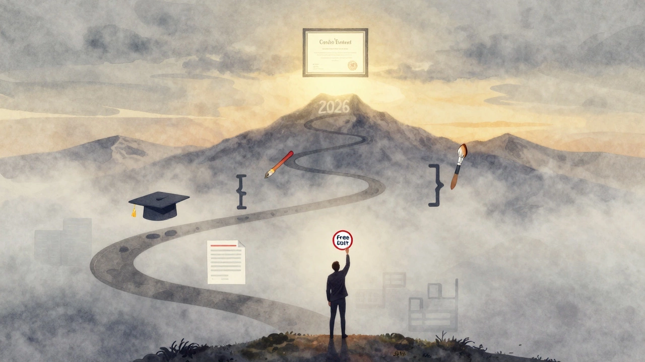 Abstract path of learning icons leading to a glowing certificate on a mountain peak.