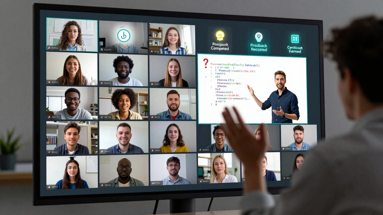 Diverse learners in a virtual classroom with instructor responding to questions.