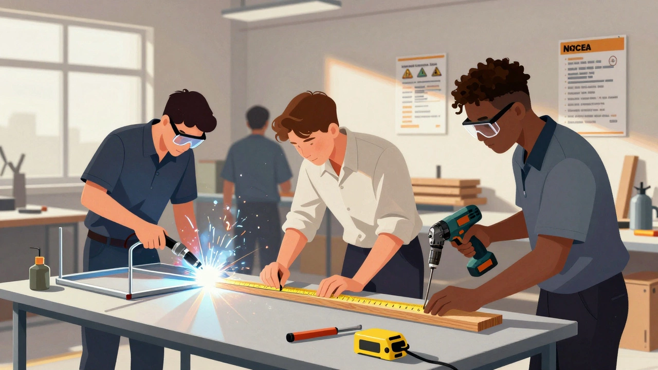 Diverse students working together in a school construction lab with tools