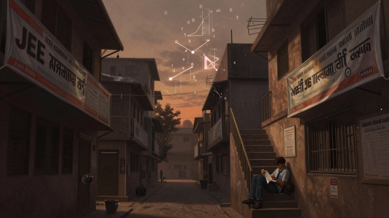 Exhausted student in Kota's coaching lane surrounded by floating rank graphs and banners.