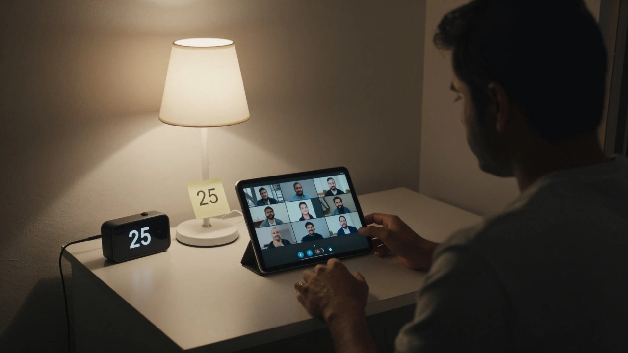 Person attending a Zoom class from a quiet home corner with mobile hotspot nearby.