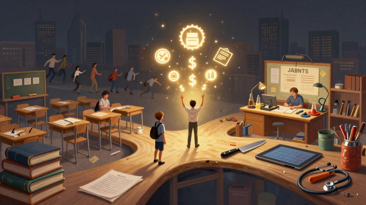 Student choosing between academic classroom and hands-on vocational workshop