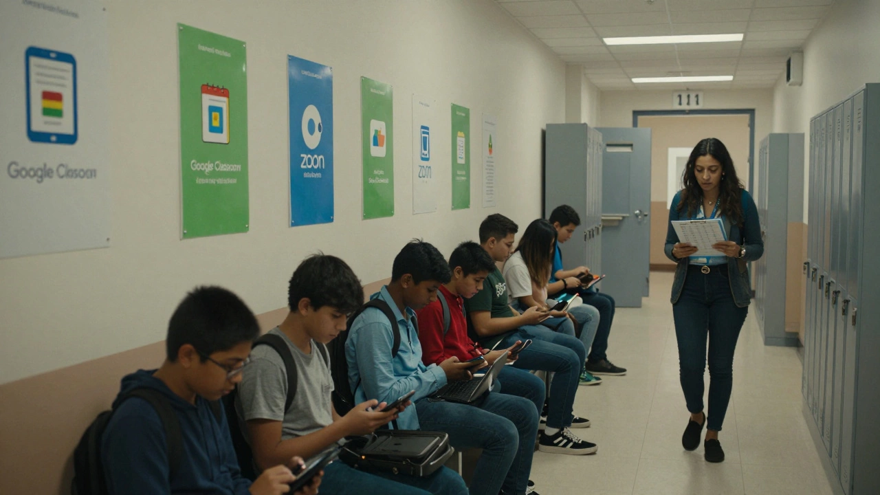 Students in a school hallway prepare for online class, holding devices with Zoom and Google Classroom icons.