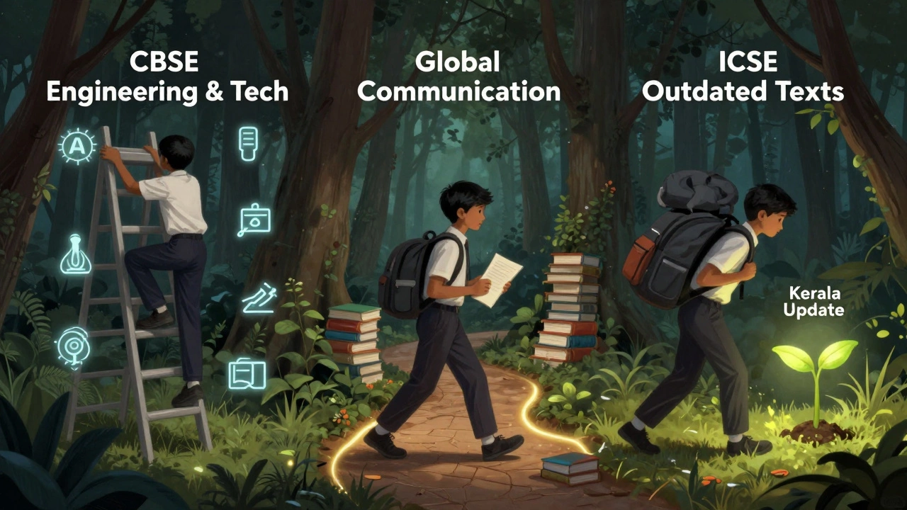 Three symbolic paths representing CBSE, ICSE, and state board education futures.