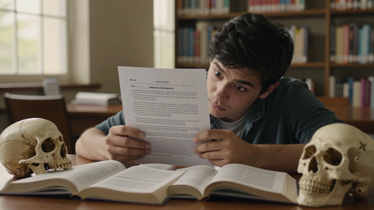 A medical student intensely analyzing a dense MCAT passage in a quiet library, timer visible.