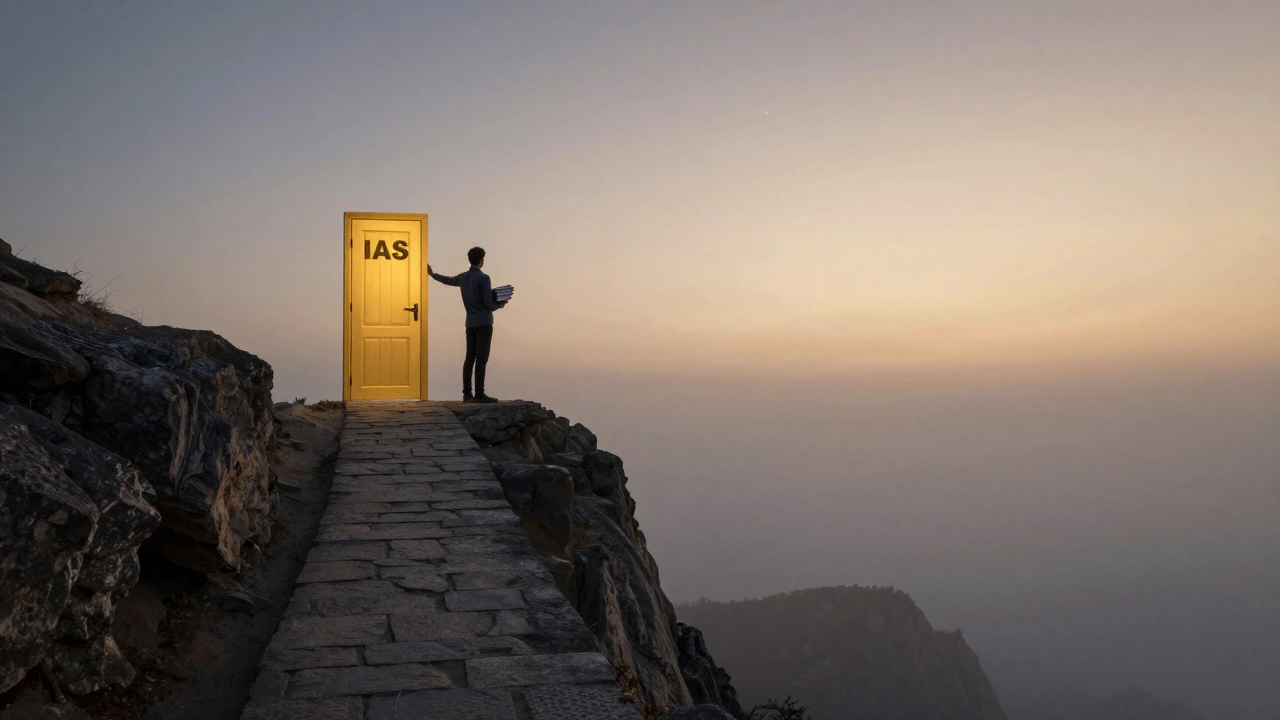A solitary candidate on a mountain path reaching toward a glowing door labeled 'IAS' at dawn.