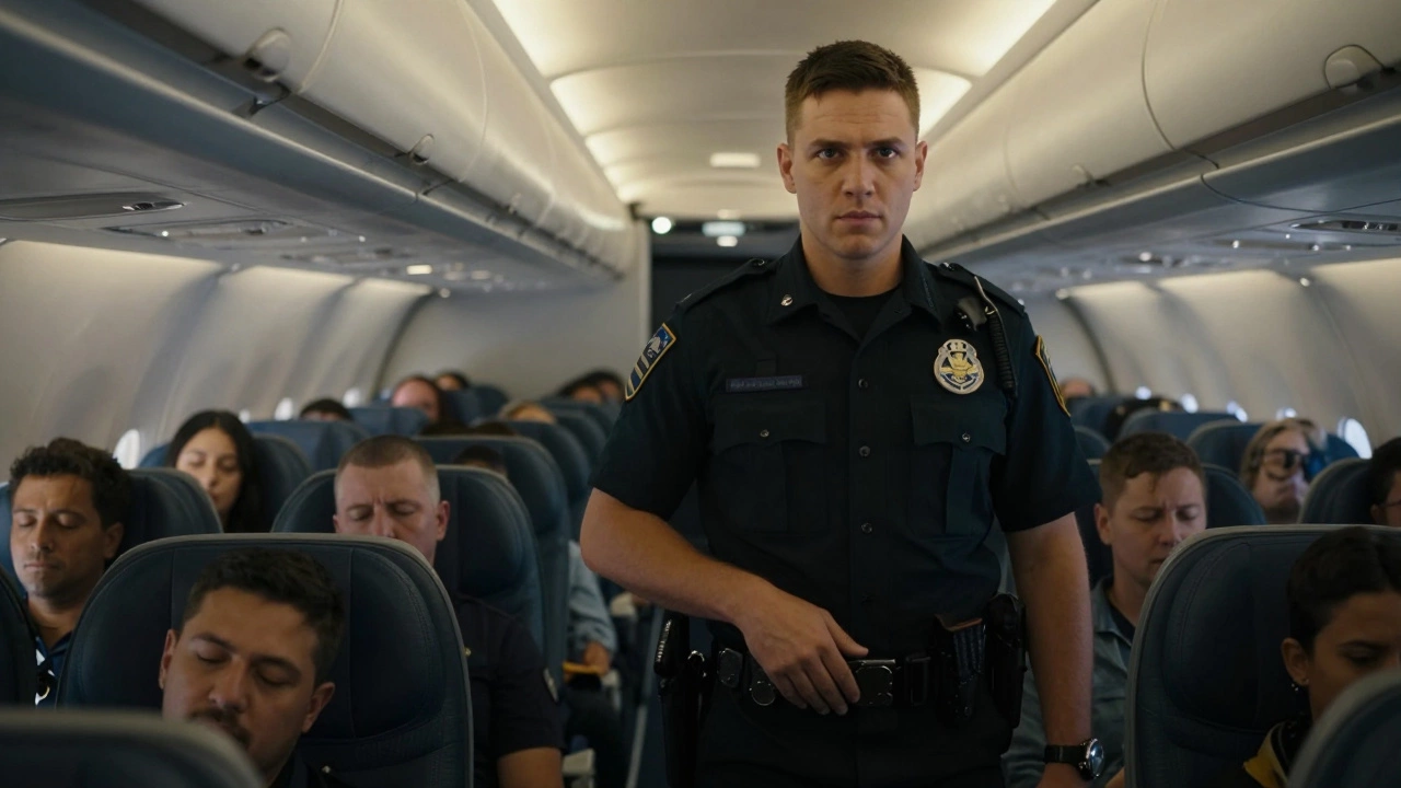 An undercover air marshal alertly observing passengers in a dimly lit airplane cabin.