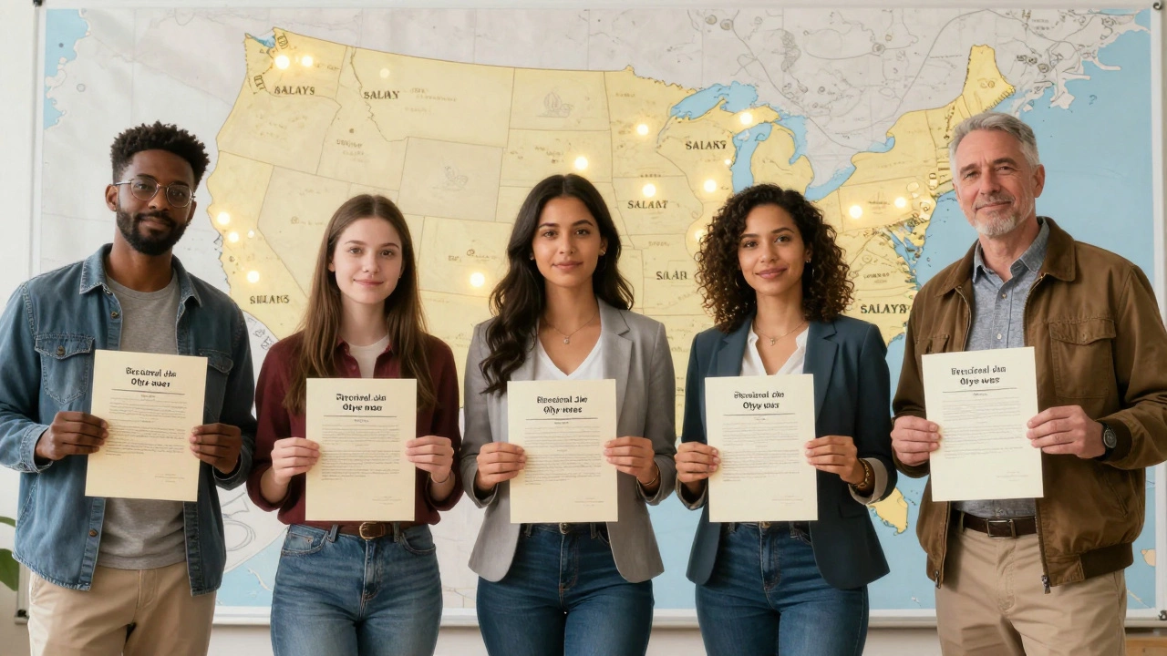 Diverse individuals holding federal job offers, standing before a U.S. map with salary markers.