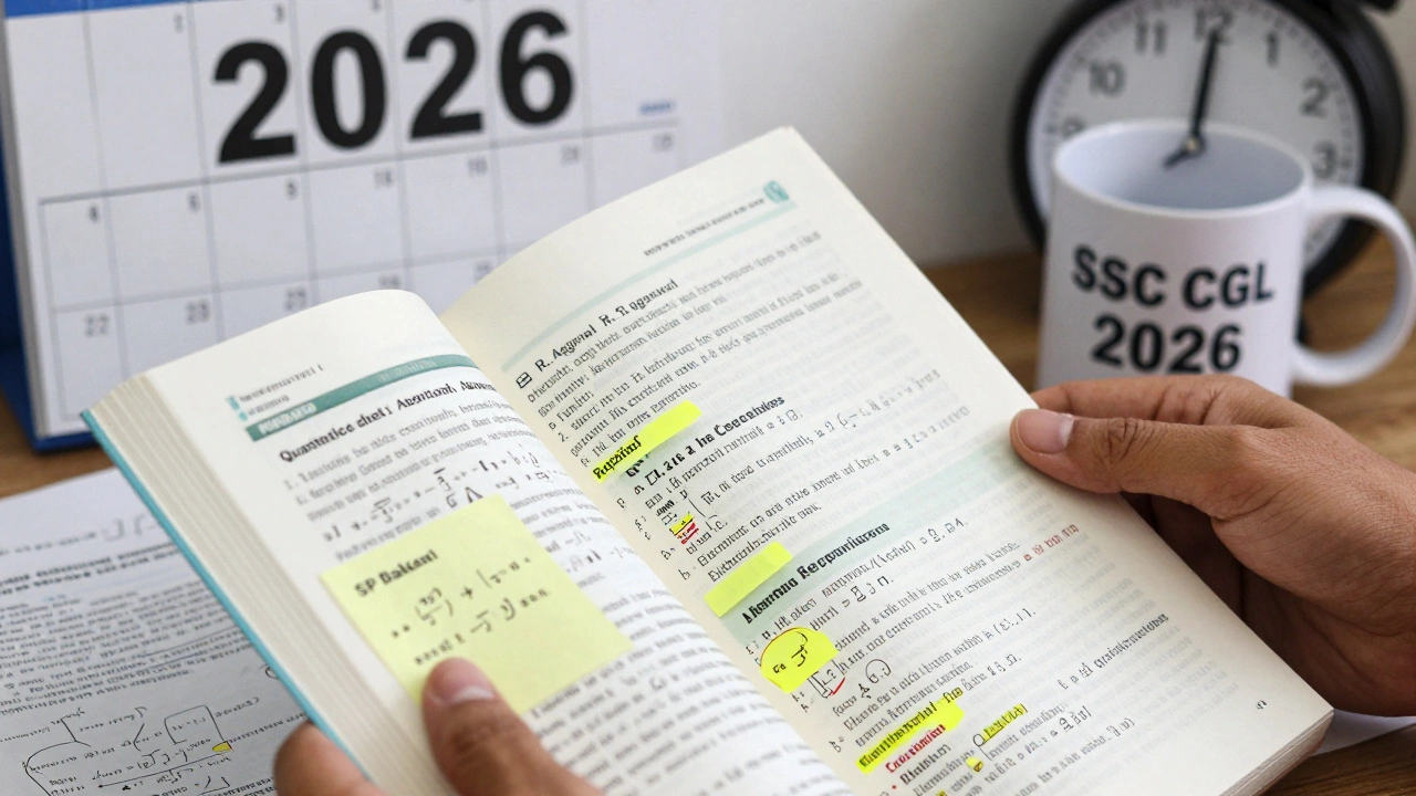 Hands marking important sections in quantitative aptitude and English language books for SSC CGL preparation.