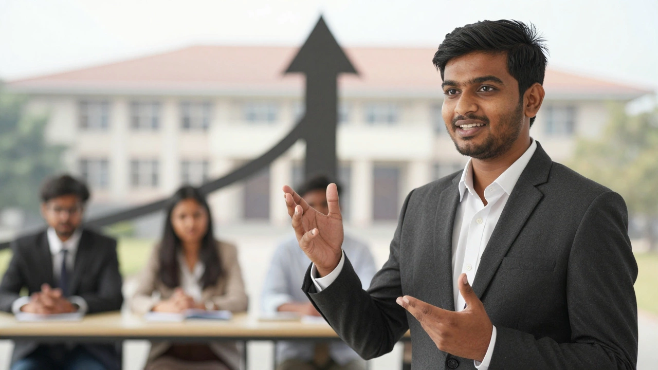 Indian international student in interview, gesturing confidently, university building visible in background.