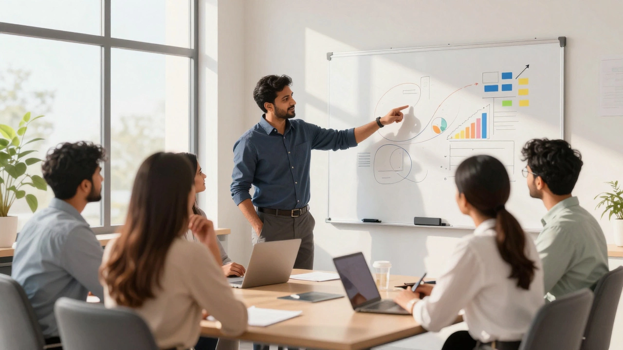 Indian professional leading team meeting, pointing at whiteboard with abstract charts, sunlight through windows.