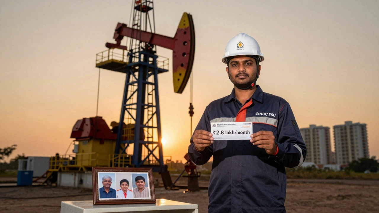 PSU engineer beside an oil rig with a high salary slip in hand