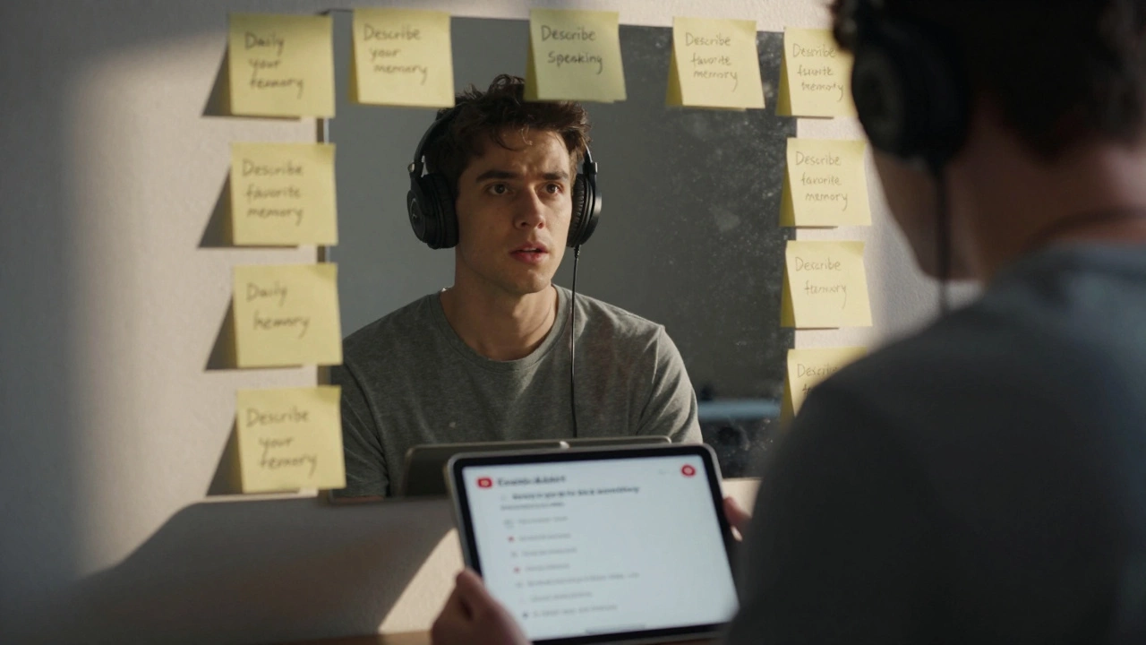 Someone shadowing a YouTube English lesson while standing in front of a mirror.