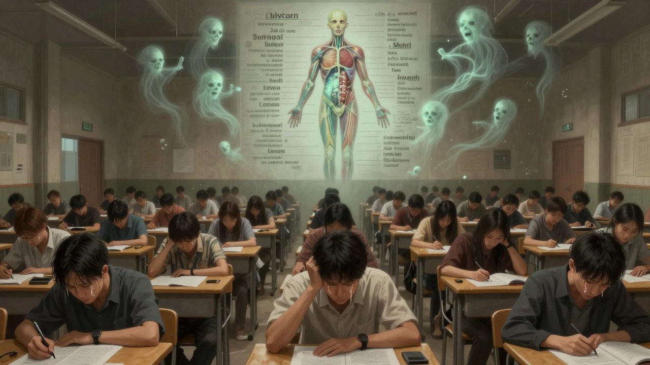 Thousands of students taking the NEET exam under a floating anatomical diagram filled with medical terms.