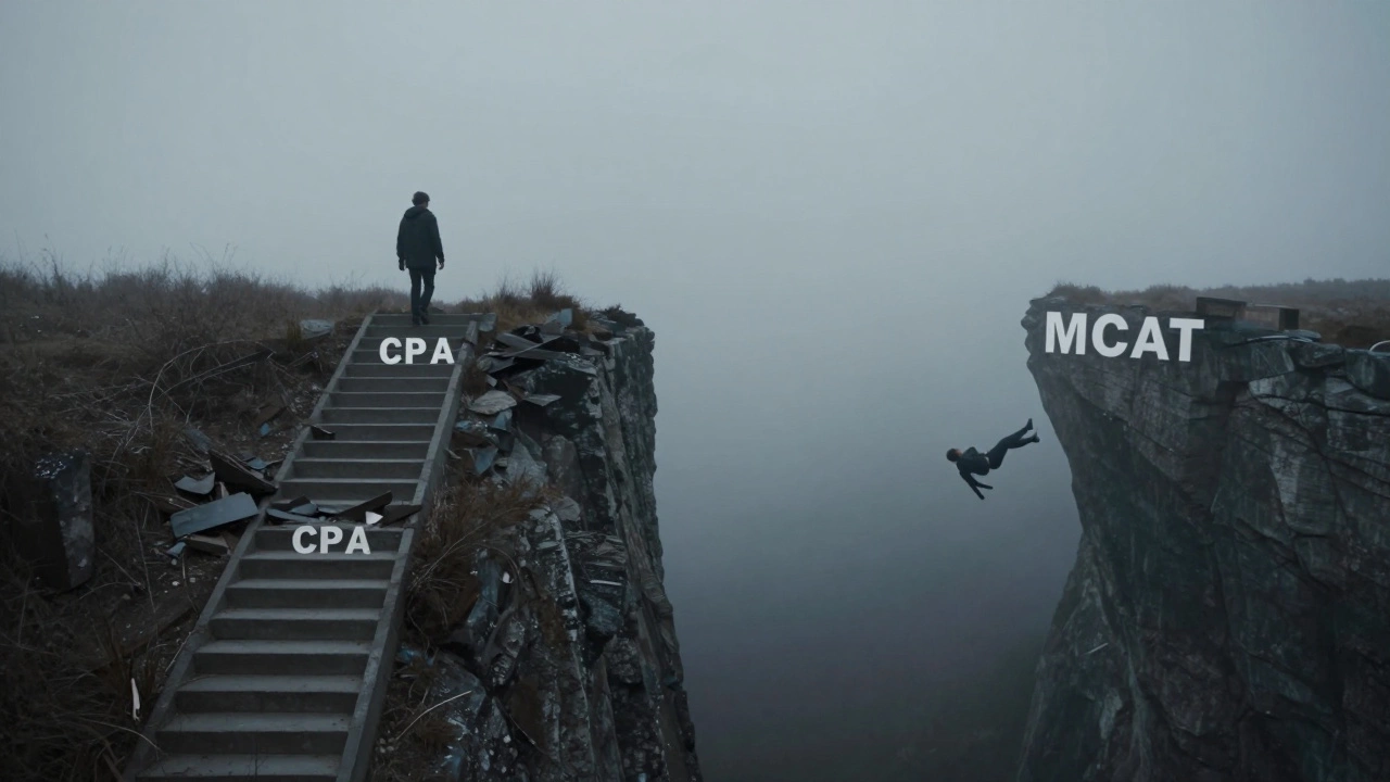 Two symbolic paths: one with retryable steps for CPA, the other a cliff representing irreversible MCAT consequences.