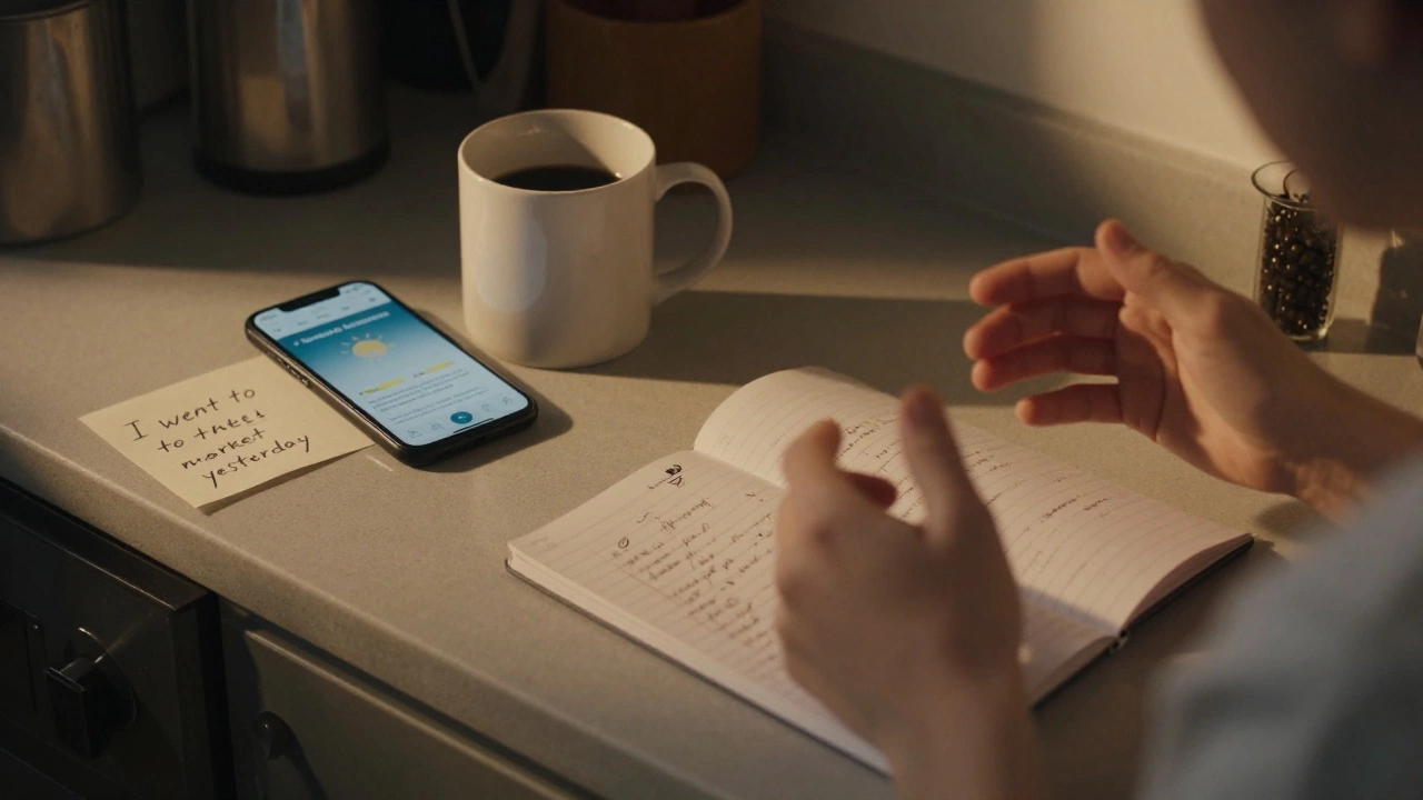 A kitchen counter with English app on phone, handwritten correction note, person speaking naturally in evening light.