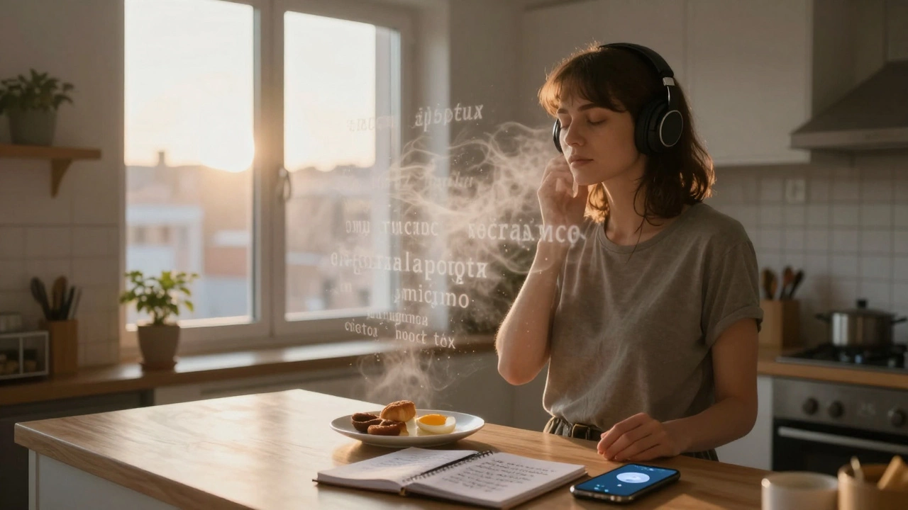 A person listening to a language podcast in the kitchen as foreign words float around them at dawn.