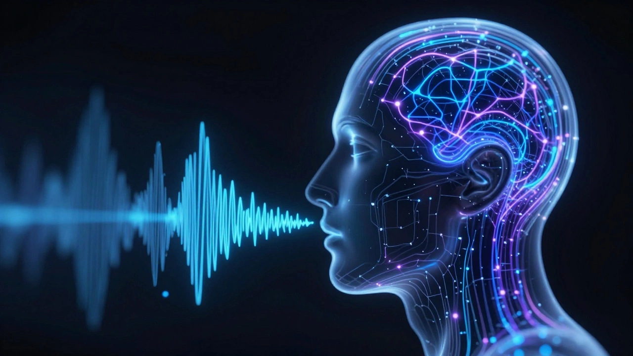 Abstract visualization of AI voice recognition technology with glowing soundwaves.
