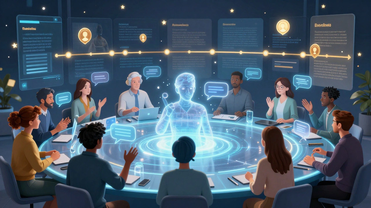 Diverse virtual learners collaborating in a glowing discussion circle with interactive elements.