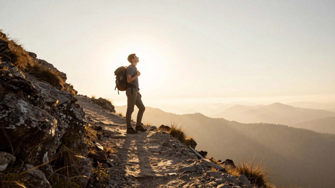 Lone figure at base of mountain path at sunrise symbolizing determination.