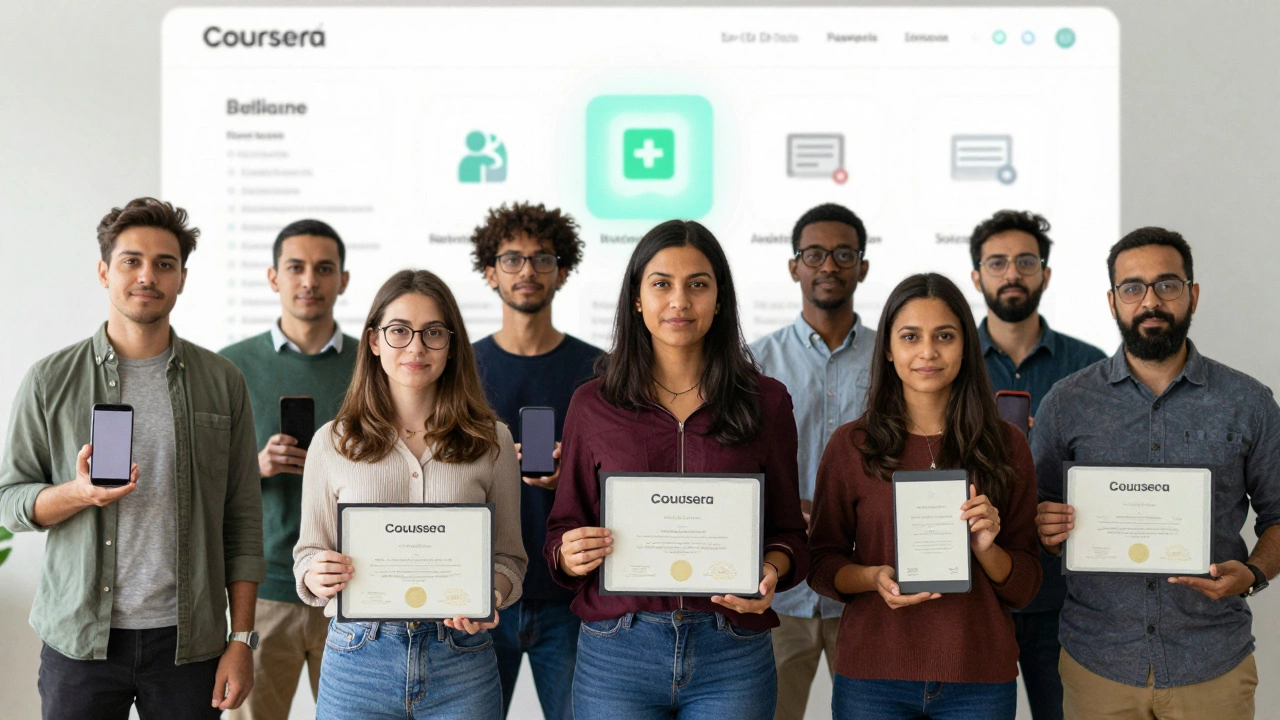 Professionals from around the world displaying Coursera certificates on their phones with job tools in the background.