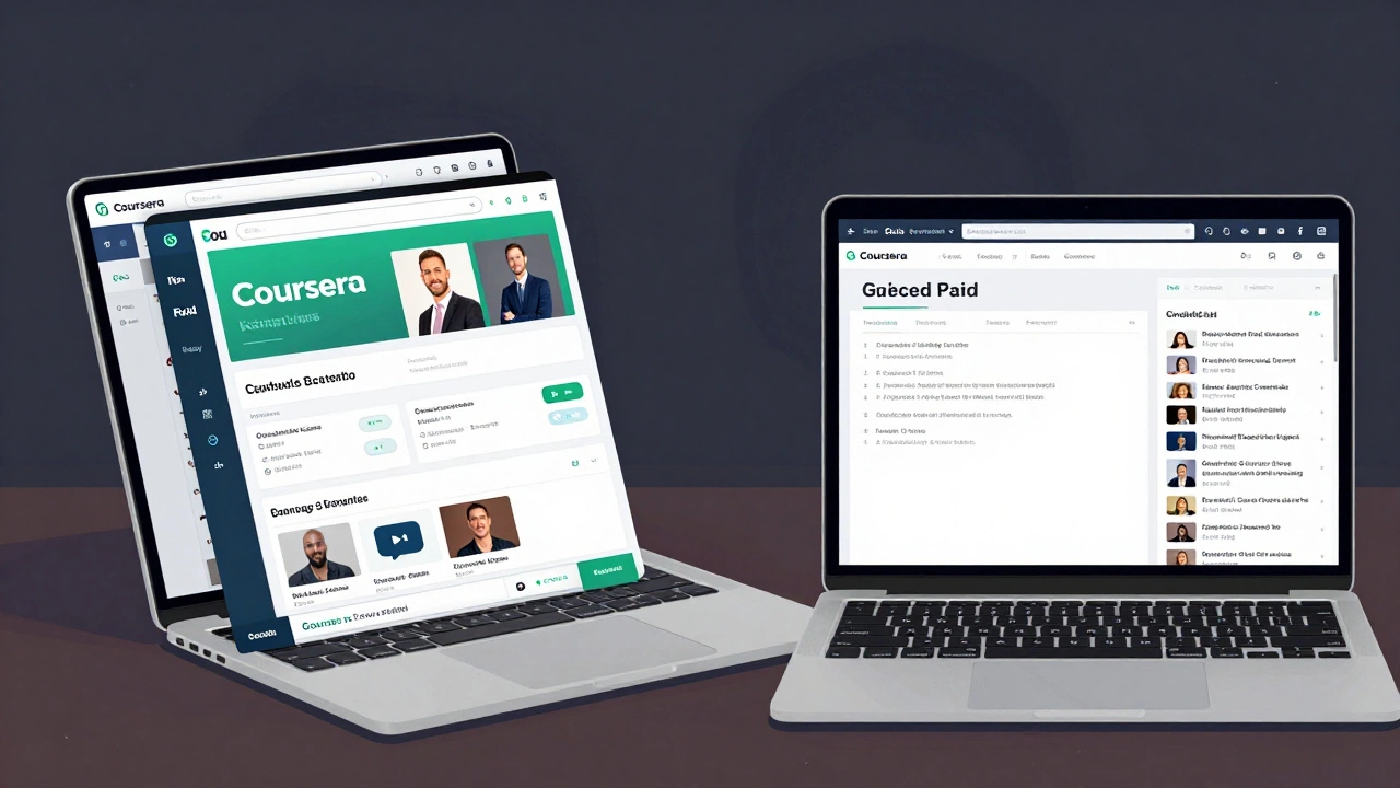 Side-by-side comparison of free and paid Coursera course dashboards with job tools visible.