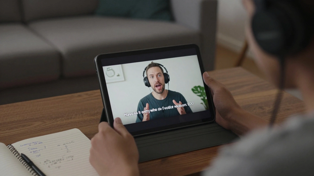 Someone watching a short English video on a tablet, repeating lines aloud, with a notebook of corrections nearby.